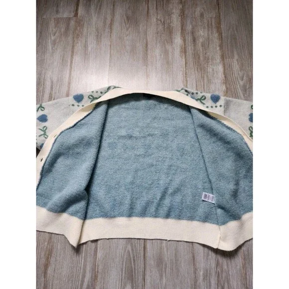 Girlish Heart Bow Cardigan Sweater Blue Cream Button Up Soft Knit Womens XL GUC - Picture 10 of 11